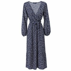 KOJOOIN Navy Floral Maxi Dress Long Sleeve Wrap Boho Cottagecore